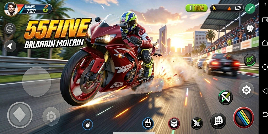 Gameplay seru 55FIVE dengan balapan motor yang mendebarkan.