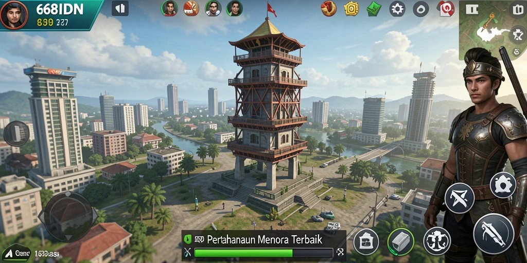 Screenshot gameplay 68IDN menampilkan menara pertahanan yang siap melawan gelombang musuh.