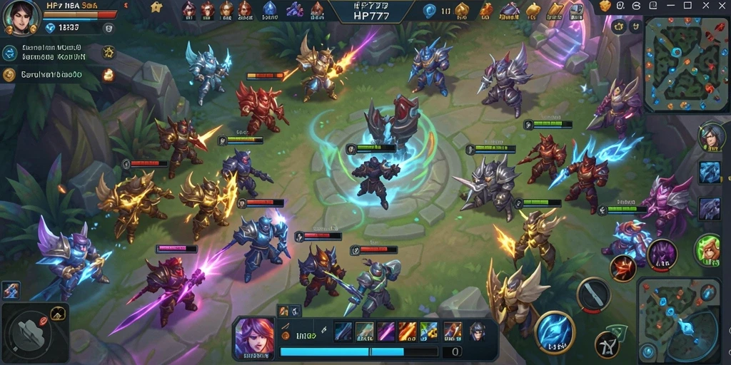 Screenshot menampilkan pertarungan seru dalam gameplay MOBA HP777.