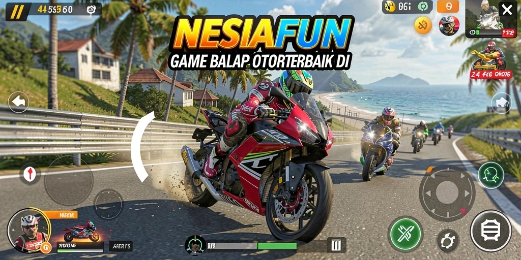 Screenshot utama NESIAFUN menampilkan aksi balap motor yang mendebarkan.