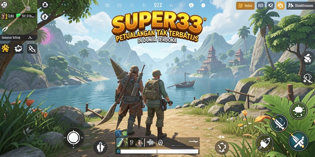 Tangkapan layar gameplay SUPER33 menampilkan petualangan dalam dunia terbuka yang luas.